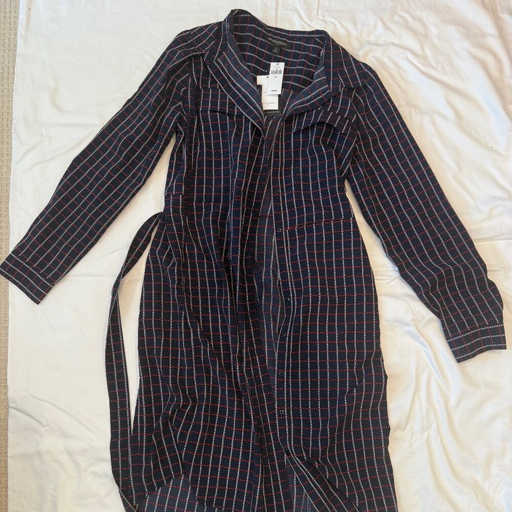 Banana Republic navy plaid print polyester button down dress with tie